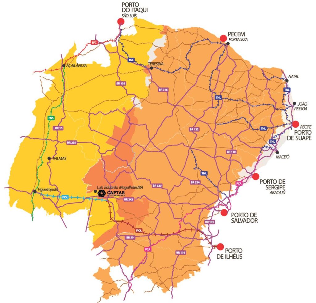 Mapa logístico de Luís Eduardo Magalhães com rodovias e ferrovias