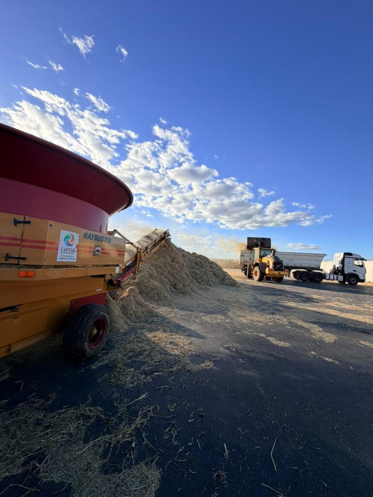 Caminhão de trato carregando ração na fábrica da Captar